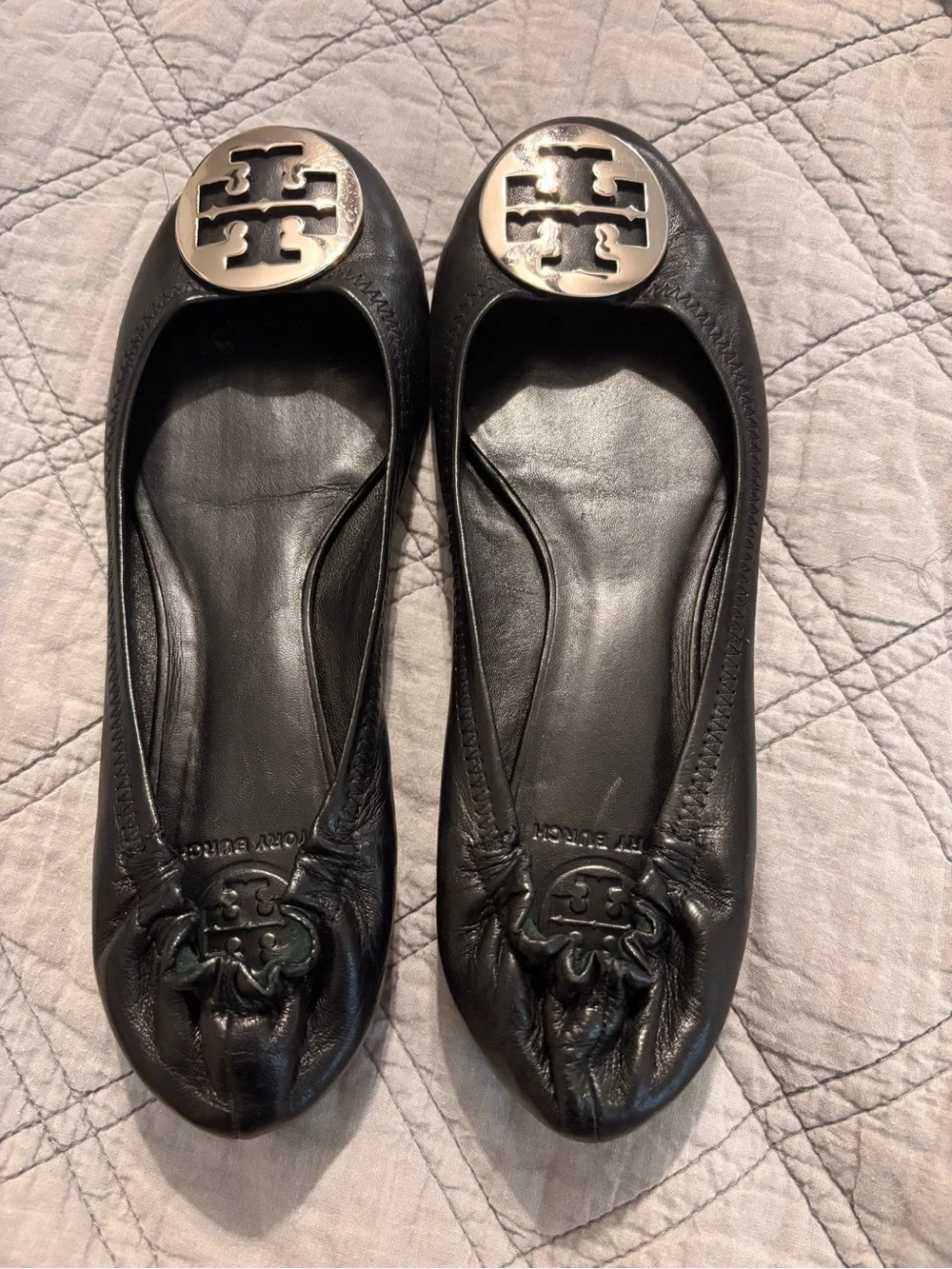 Tory Burch Black Leather Logo Ballet Flats with Silver Emblem